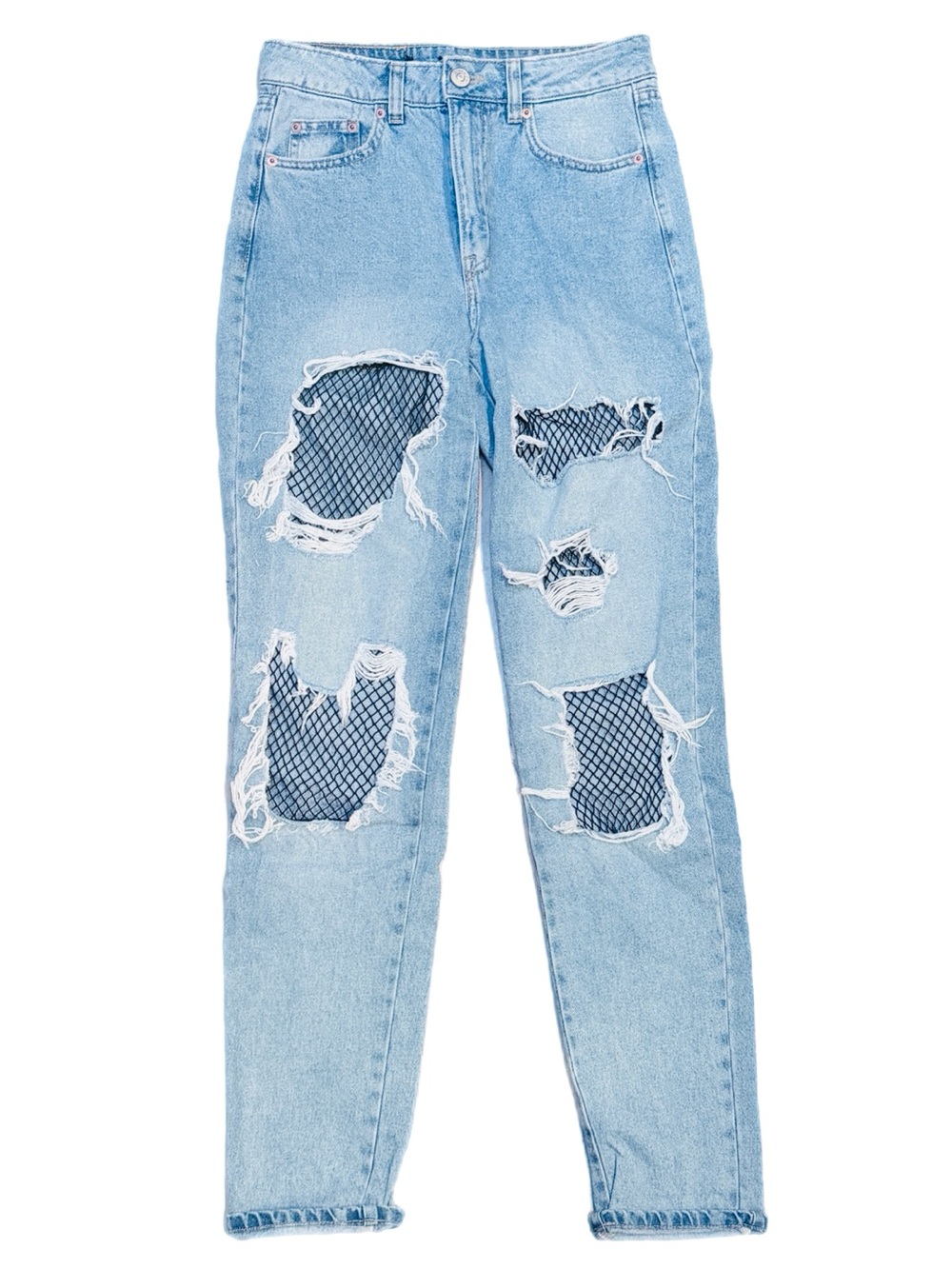 Women’s H&M High Rise Blue Denim Ripped Fishnet Patch Mom Boyfriend Jeans Size 4